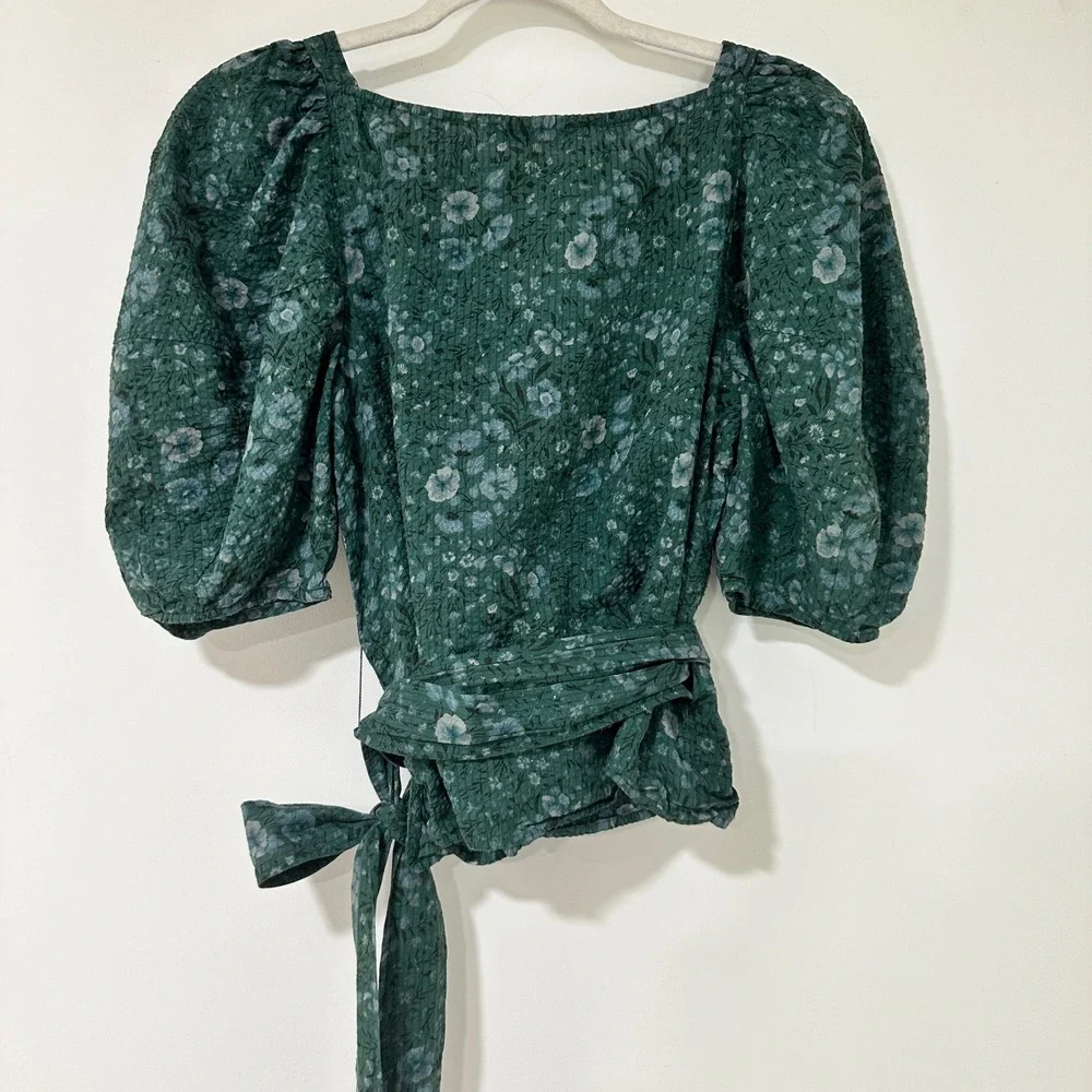 Madewell Floral Puff Sleeve Wrap Top Womens Small Green Cotton Smocked Back S
